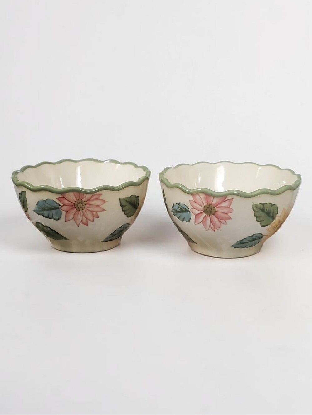New Longaberger Floral Ceramic Bowls - Set of 2 - Cream & Green.